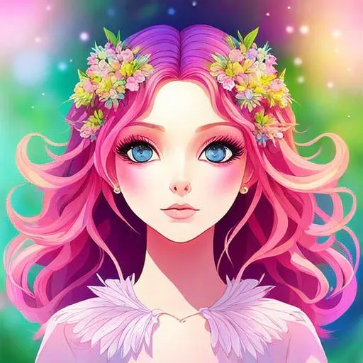 Prompt: a young fairy of spring, very curly hair, pink glow on cheeks,wildflowers, vivid colors, closeup