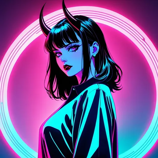 Prompt: beautiful female demon, hell, demonic, vaporwave, retro, neon, aesthetic, liminal, high quality, high definition, beautiful, dramatic lighting