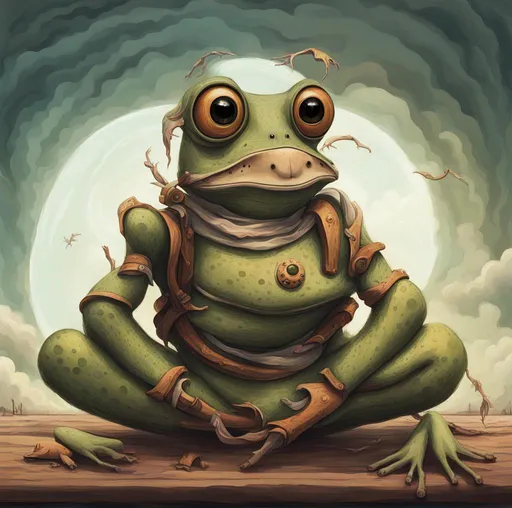 Prompt: a digital artwork that brings the spirit of Dadaism into the form of a frog. This surreal and whimsical piece takes the concept of Dadaism and translates it into a frog-like creature that defies logic and embraces the absurd.