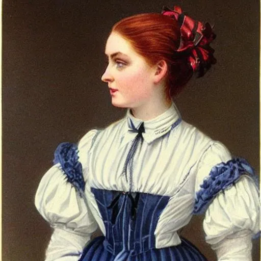 Prompt: portrait of a beautiful Victorian girl with red hair and dark blue eyes wearing a dark blue school uniform and a white hair bow