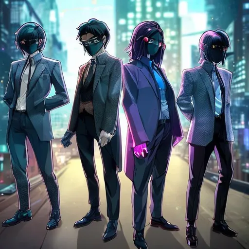 Prompt: <Imagine a strategic and business-oriented anime-style tactics game set in a futuristic corporate world. Create compelling images featuring characters with unique abilities and distinct personalities. Character 1: A brilliant CEO with a sharp mind, dressed in sophisticated business attire. Character 2: A tech genius with a cyberpunk aesthetic, surrounded by holographic interfaces. Character 3: A charismatic marketing expert with a flair for creativity, sporting vibrant and stylish outfits. Character 4: A strategic finance manager, exuding professionalism in a sleek suit. Develop scenes that showcase these characters engaging in tactical maneuvers, negotiations, and corporate battles, all within a visually stunning anime-inspired universe.>

