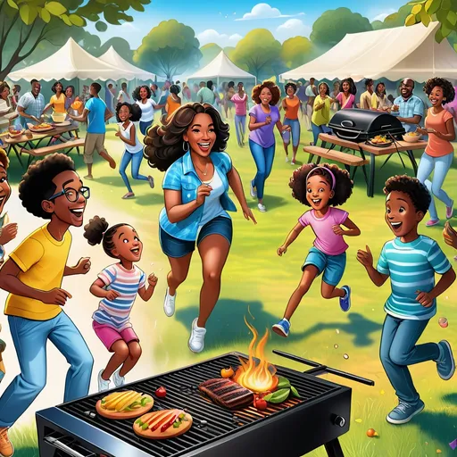 cartoon image of an ebony family in a joyous mood celebrating a family reunion cooking on a charcoa