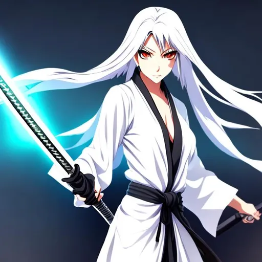 Prompt: Female, soul reaper from Bleach, drawing sword, katana, fantsy, supernatural, dark, realistic lighting, Shihakusho, soul, zonpakuto, 2000 shonen anime style