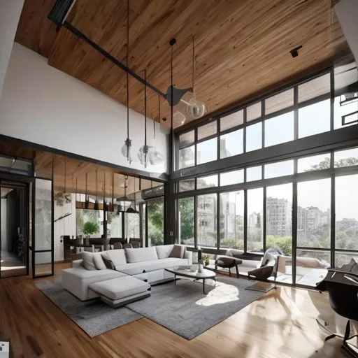 Prompt: modern sophisticated living room, large windows, big space, high ceilings, wood floor, line drawing