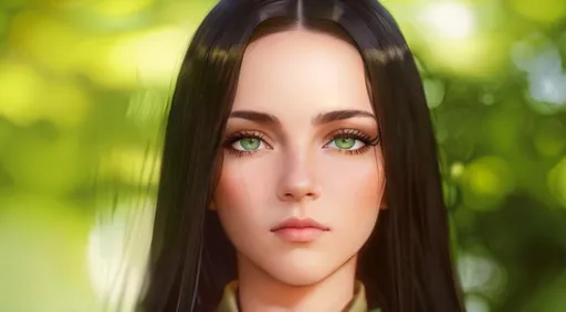 Prompt: analog style portrait+ style ; war girl visiting grass field wearing baggy pants and army ceremonial uniform. Science fiction hype realistic 8k shot of the day beautiful morning hour high resolution. Polycoria. Hazel green eyes. Predarory gaze. Looking back at viewer. Long black hair.