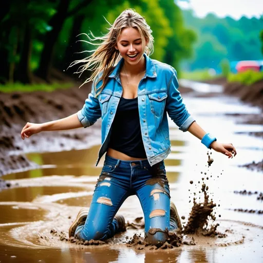 Prompt: photo of young woman, soaking wet clothes, Muddy high top converse sneakers, Full length ripped light blue jeans splattered with lots of mud, Ripped denim jacket splattered with lots of mud,  , Mud splattered Blonde Dancing on a mud creek on a festival,   enjoying, water dripping from clothes, clothes stuck to body,  detailed textures of the wet fabric, wet face, wet plastered hair,  wet, drenched, professional, high-quality details, full body view , Full Front view, dancing