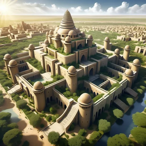 Prompt: Fantasy Illustration of a huge palast, western-african architecture, entire structure, limestone materials, birdview, african style towers, surrounded with high walls, lush green garden, immersive world-building, high quality, detailed, epic scale, fantasy, surrounded by an ancient african city like timbuktu, bright sunlight