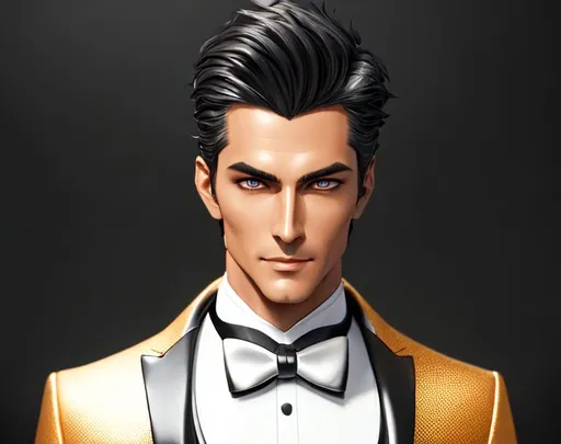 Prompt: tall Handsome tan man wearing black and silver Tuxedo, attractive, Crimson eyes, flirting, Meditating,
full body visible, looking at viewer, detailed skin, realistic, photo-realistic, 8k, highly detailed, full length frame, High detail RAW color art, piercing, diffused soft lighting, shallow depth of field, sharp focus, hyperrealism, cinematic lighting