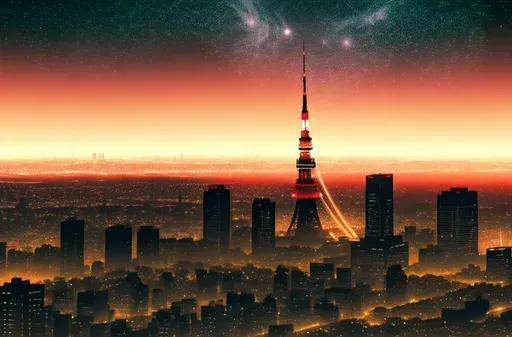 Prompt: Multiple layers of silhouette 90's lit Tokyo city, with silhouette of New Moon, Tokyo Tower, sharp edges, at starry sky at dawn, with fog in air, vector style, horizon silhouette Landscape wallpaper by Alena Aenami, firewatch game style, vector style background