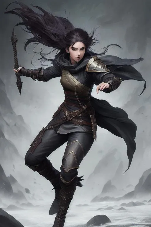 Prompt: fantasy art of a female dungeons and dragons human ranger character using both hands to hold a handgonne, full body image, mid stride, dashing, curvy, action shot, dark and darker style splash art, ((dark hair)) pretty face, soft expression, high detail, high contrast, white background, tight clothing, worn and distressed clothing, flowing dark grey military style double breasted greatcoat, napoleonic style military uniform, blue insignia, brown utility belt around waist, white riding breeches, tall black riding boots, pouches on belt for musket balls and cleaning equipment, holding arquebus in both arms, poleaxe strapped to back with leather sling, small bag on strap slung over shoulder, white leather gloves, pale skin, dark brown eyes, dark brown hair, long wavy hair, hair covered partially by tattered headscarf