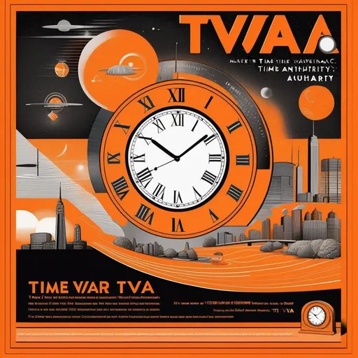 Prompt: advertisement for the tva (time variance authority) make it unsettling and 90s style poster, weird orange cartoon clock with face, slogans etc