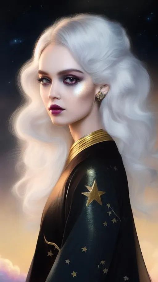 Prompt: A very beautiful woman with hair made of glowing clouds illuminated by the moonlight, freckles shaped as Golden stars, artistic makeup with a metallic iridescent pallette, art by Tom Bagshaw, artgerm, ilya kuvshinov,  Huang Guangjian, Josephine Wall, WLOP, art by Laura Hollingsworth, Andrew Atroshenko, 4k, pretty visuals, aesthetic, artstation, unreal engine, shadow effect, insanely detailed and intricate, highly detailed, shooting stars, iridescent effect to the white clouds.