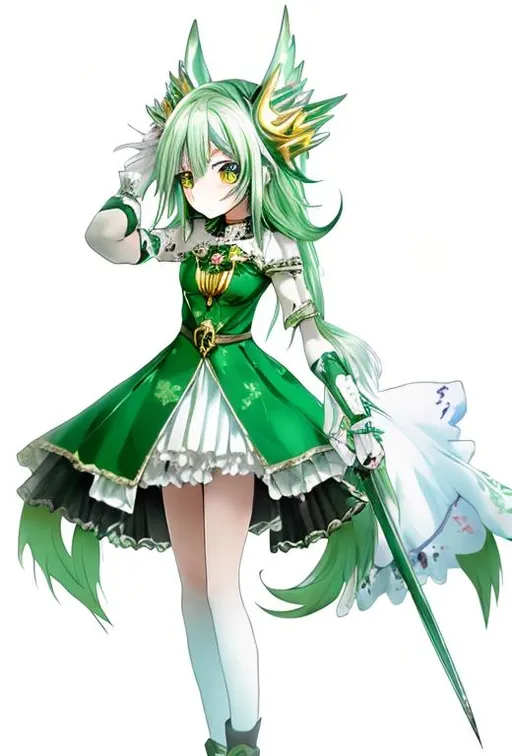 Prompt: (masterpiece), anime art, best quality, expressive eyes, perfect face, 1girl, fourteen years old girl, full body, long green hair, long hair, unbound hair, green right eye, blue left eye, heterochromatic eyes, green Magical Girl outfit, armed with a pike, strings connected to the body, strings going upward, giant hands above, black gloved hands above, strings emanating from the giant hands