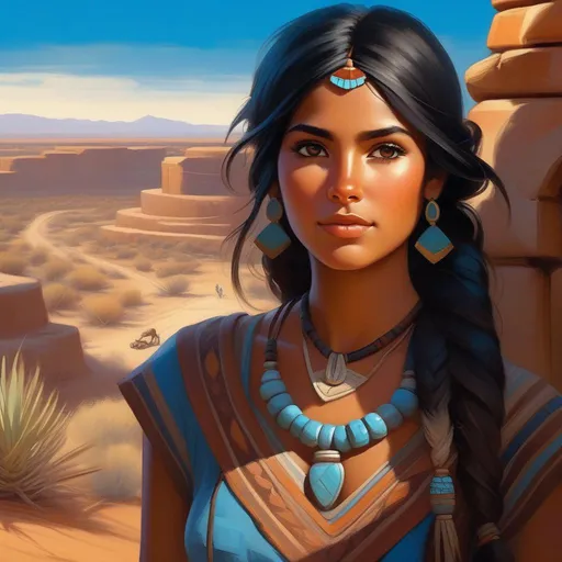 Prompt: Third person, gameplay, ancient Puebloan girl, tan skin, black hair, brown eyes, desert, Pueblo, blue atmosphere, cartoony style, extremely detailed painting by Greg Rutkowski and by Henry Justice Ford and by Steve Henderson 