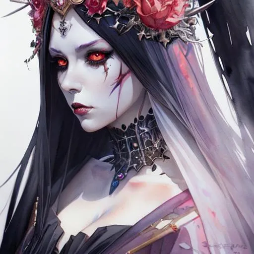 Prompt: queen of death, anime Character Design, Unreal Engine, Beautiful, Tumblr Aesthetic,  Hd Photography, Hyperrealism, Beautiful Watercolor Painting, Realistic, Detailed, Painting By Olga Shvartsur, Svetlana Novikova, Fine Art