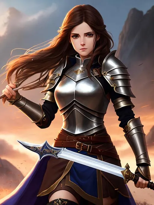 A female knight with brown hair holding a magic swor... | OpenArt