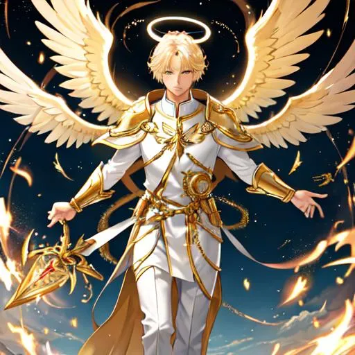 Prompt: Angel, halo, radiant golden light, seraph, six wings, photo realistic, Male, warrior, ancient, wallpaper, St michael, catholic, archangel, handsome, Male face, masculin face, 37 years old, Spears, fire, 16k, full body picture, heavenly, shader