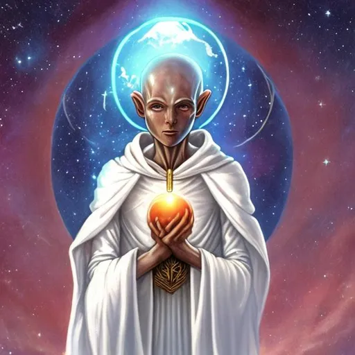 Prompt: sweet androgynous alien protector of earth etherial soft benevolent holding an orb surrounded by celestial