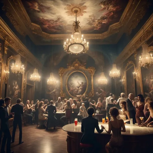 Prompt: surreal cocktail lounge, hedonistic dancing people, rock music band, wide shot, baroque painting, rock concert  atmosphere, beautiful detailed intricate insanely detail, soft natural volumetric cinematic perfect light, masterpiece