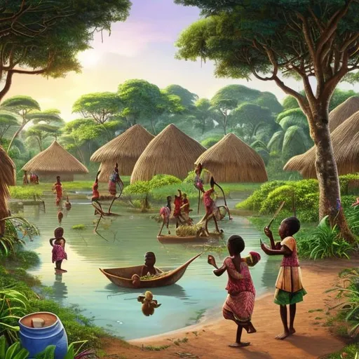 Prompt: artwork capturing the everyday life in an African village. The artwork should feature an African woman frying food outside her hut, with a group of joyful children playing around her. The scene is set against a backdrop of lush forest trees, enveloping the village in natural beauty. Enhance the atmosphere by incorporating a hyper-realistic sparkling lake nearby, reflecting the surrounding environment. Pay attention to the cultural details, such as the woman's traditional clothing and cooking utensils, celebrating the rich heritage of the African community. Use warm and earthy tones to depict the village and its inhabitants, while using vivid colors to bring life to the forest, lake, and playful children. Let the artwork radiate with a sense of joy, simplicity, and the harmonious coexistence of humans and nature in this serene African setting.