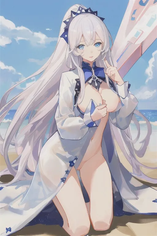 Prompt: {A Girl, cute, detailed eyes and face, bigbra, luster body, azur blue eyes, beautiful, clothes off, shining white straight hair, no underwear, bodynaked, noclothes, withoutbikini},  at beach with bright sunlight and sands, ultra high quality, extremely detailed beautiful girl, detailed body, detailed background, HDR, UHD, 64K, masterpeice, high quality, fine drawn, error correct, extremely detailed detailedgenital, extremely detailed pink detailednipples