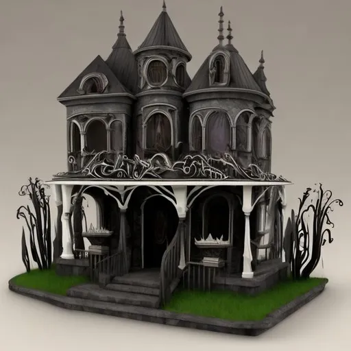 Prompt: Dollhouse funeral parlor in the style of Tim Burton 