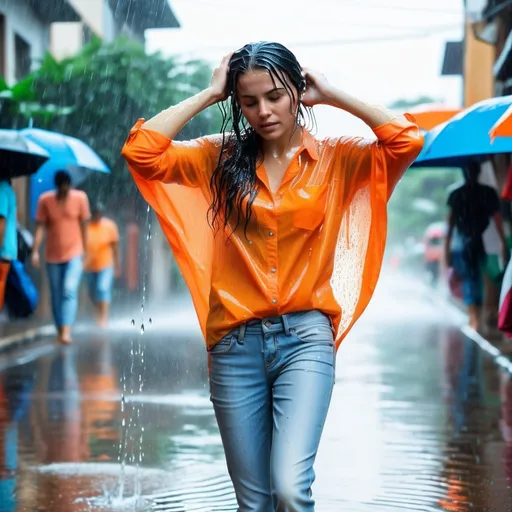 Prompt: photo of young woman, soaking wet clothes, Barefoot , Light blue Long jeans, Orange Shirt open,  , Standing on street in summerrain,   enjoying, water dripping from clothes, clothes stuck to body,  detailed textures of the wet fabric, wet face, wet plastered hair,  wet, drenched, professional, high-quality details, full body view.