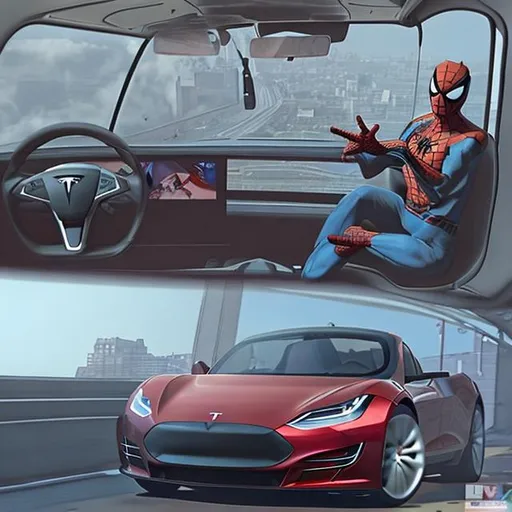 Prompt: spider man driving the first Tesla roadster, interior photo