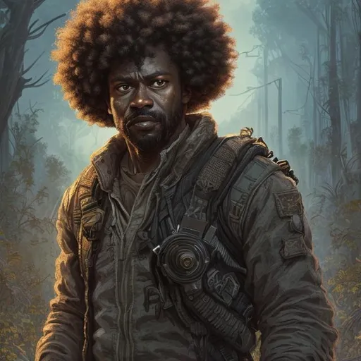 Prompt: Please create an illustration of a Black father, post-apocalypse, outside, brown skin color, with curly short afro hair, daytime, trending art, high quality, sharp focus, intricate details, highly detailed, UHD, HDR, 8K, science-fiction scene, ((Masterpiece))