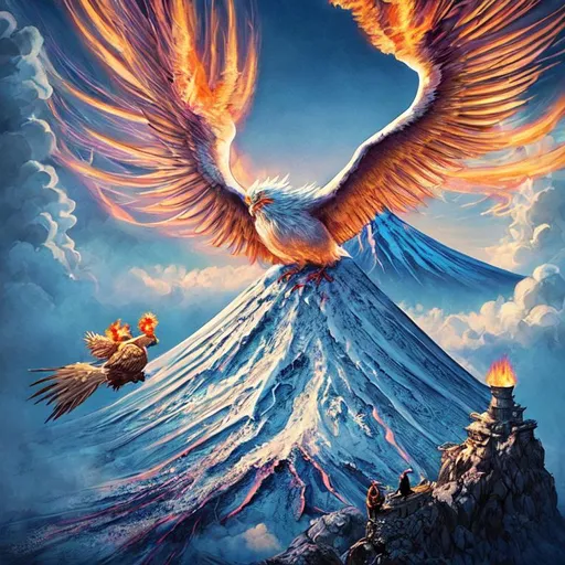 Prompt: Illustrate the epic moment of Mark Twain and Dumbledore feeding a phoenix on Mount Fuji. Ensure that each element in the scene is depicted with vivid colors, clear shapes, and intricate details, including the faces of the characters, the bird, and the breathtaking location. Use realistic light and shadow patterns, sharp textures, and well-composed scenes to create a magnificent and captivating artwork