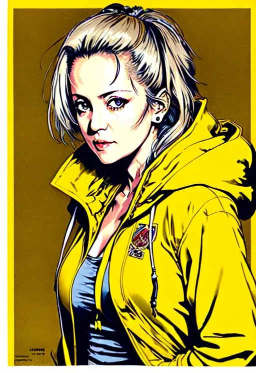 Prompt: (((Yoji Shinkawa))), sticker of ultra detailed portrait of Denise Gough, 67 years old, in yellow hooded long robe. high quality cell shaded illustration in fantasy apocalyptic style by Yoji Shinkawa, ((full body)), dynamic pose, perfect anatomy, castle setting, magician, centered, freedom, soul, grey short hair, approach to perfection, cell shading, 4k , cinematic dramatic atmosphere, watercolor painting, global illumination, detailed and intricate environment, artstation, concept art, fluid and sharp focus, volumetric lighting, cinematic lighting, Art by Yoji Shinkawa,