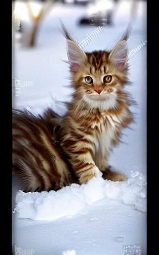 Prompt: A light ginger maine coon kitten sitting in the snow on an early morning 