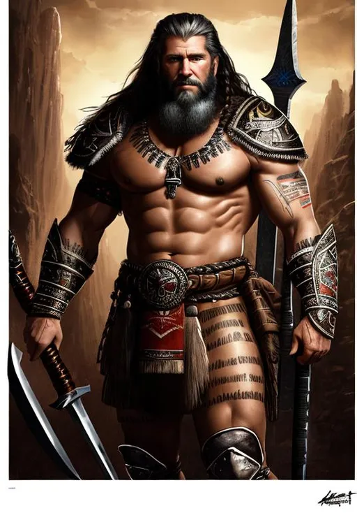 Prompt: UHD, , 8k, high quality, poster art, (( Aleksi Briclot art style)), George W Bush, hyper realism, Very detailed, full body, muscular, view of a middle aged man, no shirt, beard, Barbarian, tribal tattoo, black hair, dark eyes, giant battle axe, brown skin. black leather armor, dynamic pose, mythical, ultra high resolution, light and shading in 8k, ultra defined. 