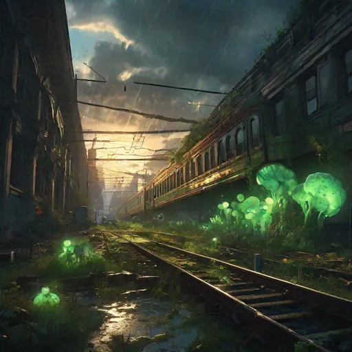 Prompt: post-apocalyptic cityscape, train terminal, the last of us style, bioluminescent green mutated fungi spreading like an infection on the land, trending on Artstation, overgrown, raining, flooding, hypermaximalist, highly detailed and intricately designed, digital painting, golden hour, stormy skies, light rays through clouds, light pillars, cinematic style, perfect composition, aspect ratio 3:2, full shot, dramatic lighting, reflections