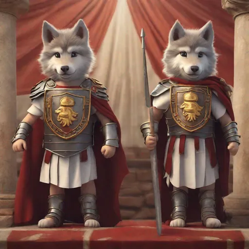 Prompt: two cute little wolfs dress like ancient Roman legionary armors, Roman empire flags as background