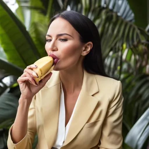 Prompt: An elegant rich business woman eats a banana under a palm
