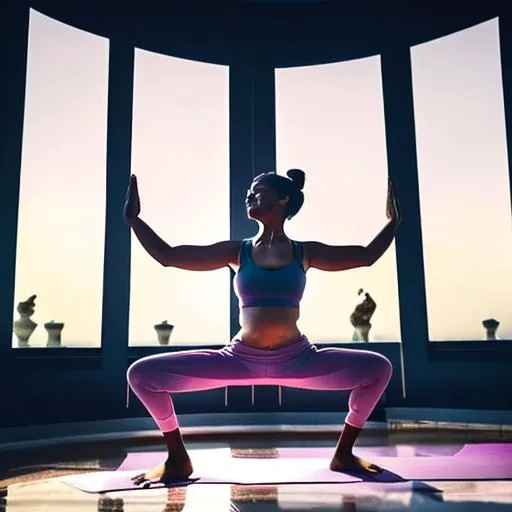 Prompt: Create a the scene where there's a woman practicing yoga, but once you come closer there's a cute heart smiling at you.