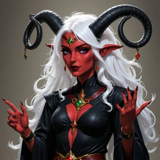 Prompt:  @p2CZMES7VK5y7B1QsEFp white hair, large crown, lots of jewelry, horns curved down, black clothes, dancing