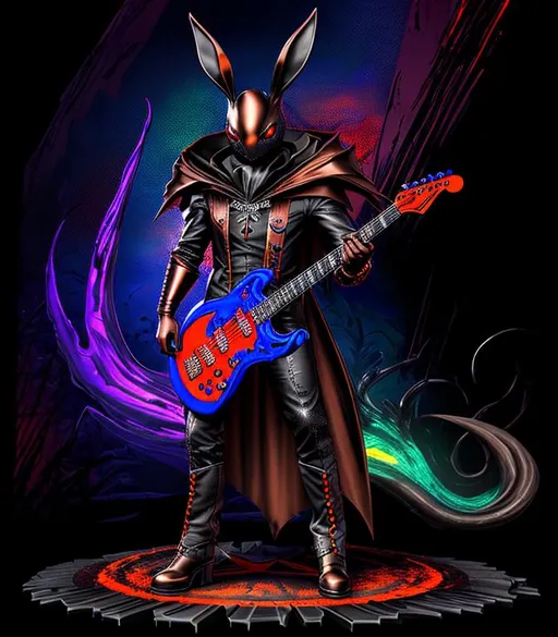 Prompt: Horror, Scary, Ominous, Sinister, freeform dark chaos epic bold, 3D, HD, {one}({liquid metal {Man}Rabbit dressed in Guitarist outfit} with {red blue orange brown hunter-green bronze black}ink), expansive psychedelic background --s99500