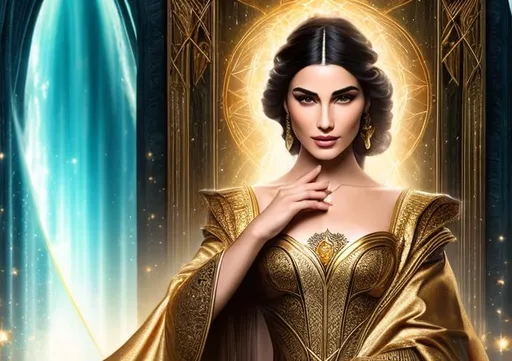 Prompt: Tarot card, A beautiful woman with white skin, dark hair, almond-shaped brown eyes; with a white cape, a waterfall behind her; sitting on a golden throne clasping her hand that has a star glow flashing from her fingers, high detailed background, ultra 4k definition; stars glowing in the background, hope, faith, healing, regeneration, inspiration