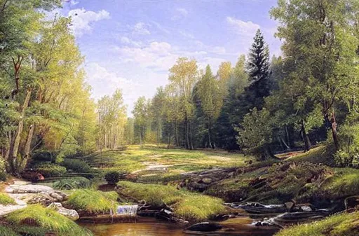 Prompt: beautiful artwork by ivan shishkin, stream, cabin