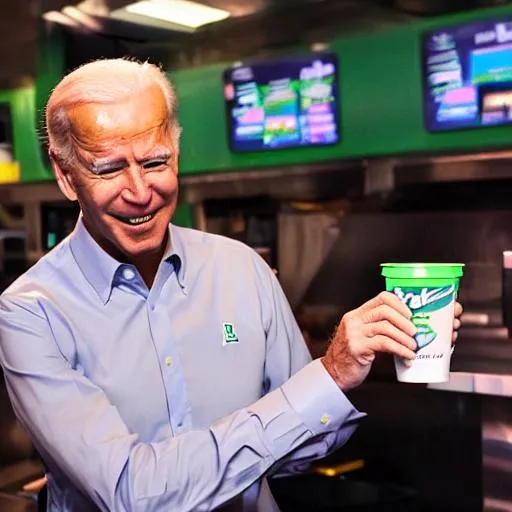 Prompt: joe biden working at taco bell and handing you a baja blast