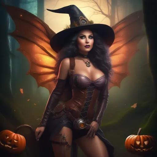 Prompt: Wide angle. Whole body showing. Photo realistic. Detailed Illustration. Beautiful, buxom woman with broad hips. Incredible bright eyes.  Standing in a forest by a sleepy town. Witch. Steam Punk, Winged Fairy. Skimpy, flowing outfit. On a colorful, Halloween night. Gorgeous Halloween colors.