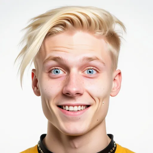 Prompt: 24-year old blonde man, white background, ultra focus, illuminated faces, face detailing, 8k resolution, stylized portrait, choker, hilarity, resembling Nicole Pagg,