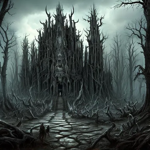 Prompt: 8k resolution concept art digital art hyperdetailed ominous polished complex black metal album cover cursed forest by the nature trails undead Indigenous American people mysterious detailed digital illustration rain horror