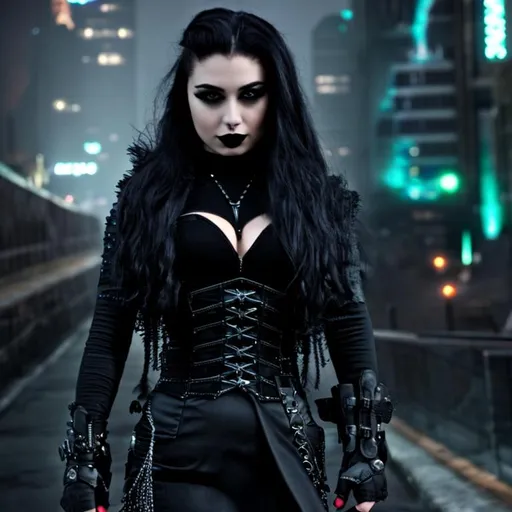 Prompt: Gothic woman,  mohawk, dark sci-fi city background