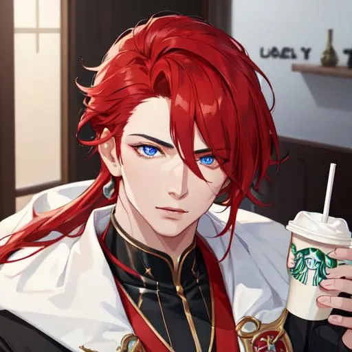 Prompt: Zerif 1male (Red side-swept hair covering his right eye, blue eyes), highly detailed face, in starbucks, adult. Handsome,  detailed, UHD, HD, 4K, highly detailed, red haze, masculine, anime style.