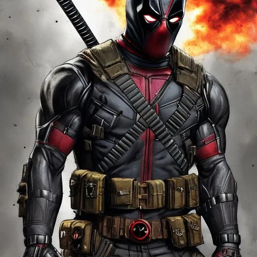 Prompt: Redesigned dark gritty, mostly black military commando-trained villain deadpool. Bloody. Hurt. Damaged mask. Accurate. realistic. evil eyes. Slow exposure. Detailed. Dirty. Dark and gritty. Post-apocalyptic Neo Tokyo with fire and smoke .Futuristic. Shadows. Sinister. Armed. Fanatic. Intense. 