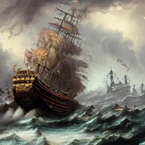 Prompt: A large pirate ship crashing through a city in a violent storm