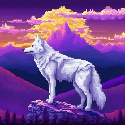Prompt: pixel art, 16-bit, beautiful {white wolf}, with {silver eyes}, looking at viewer, glaring through fourth wall, layers of purple mountain silhouettes, twilight, highly detailed, beautifully detailed shading, complementary colors, golden ratio